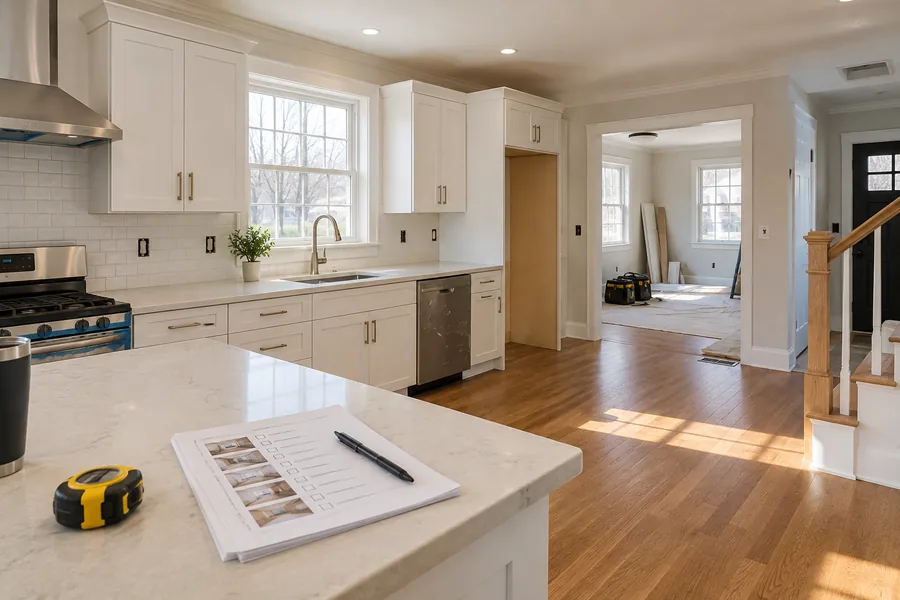 Renovated Massachusetts kitchen illustrating the planned finish for an after-repair-value estimate.