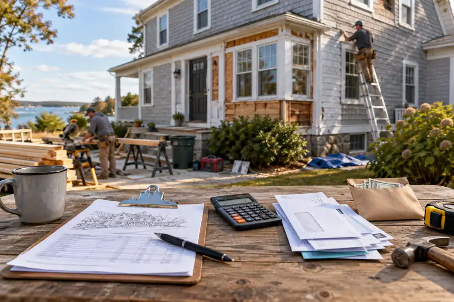 Renovation project with a calculator and paperwork for estimating financing and carrying costs.