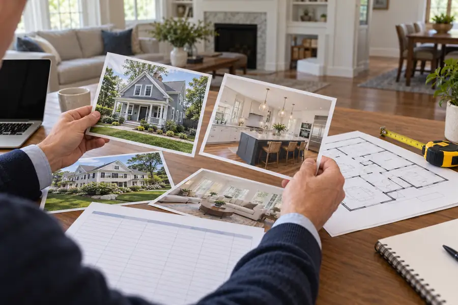 Investor reviews home photos and a floor plan to compare properties for an ARV estimate.