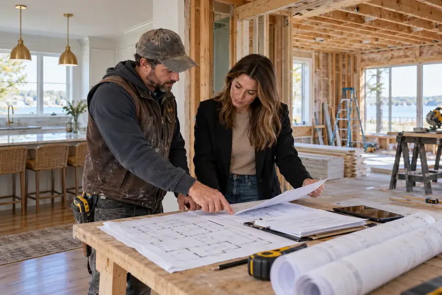 Investor and contractor review renovation plans and paperwork in a home under construction.
